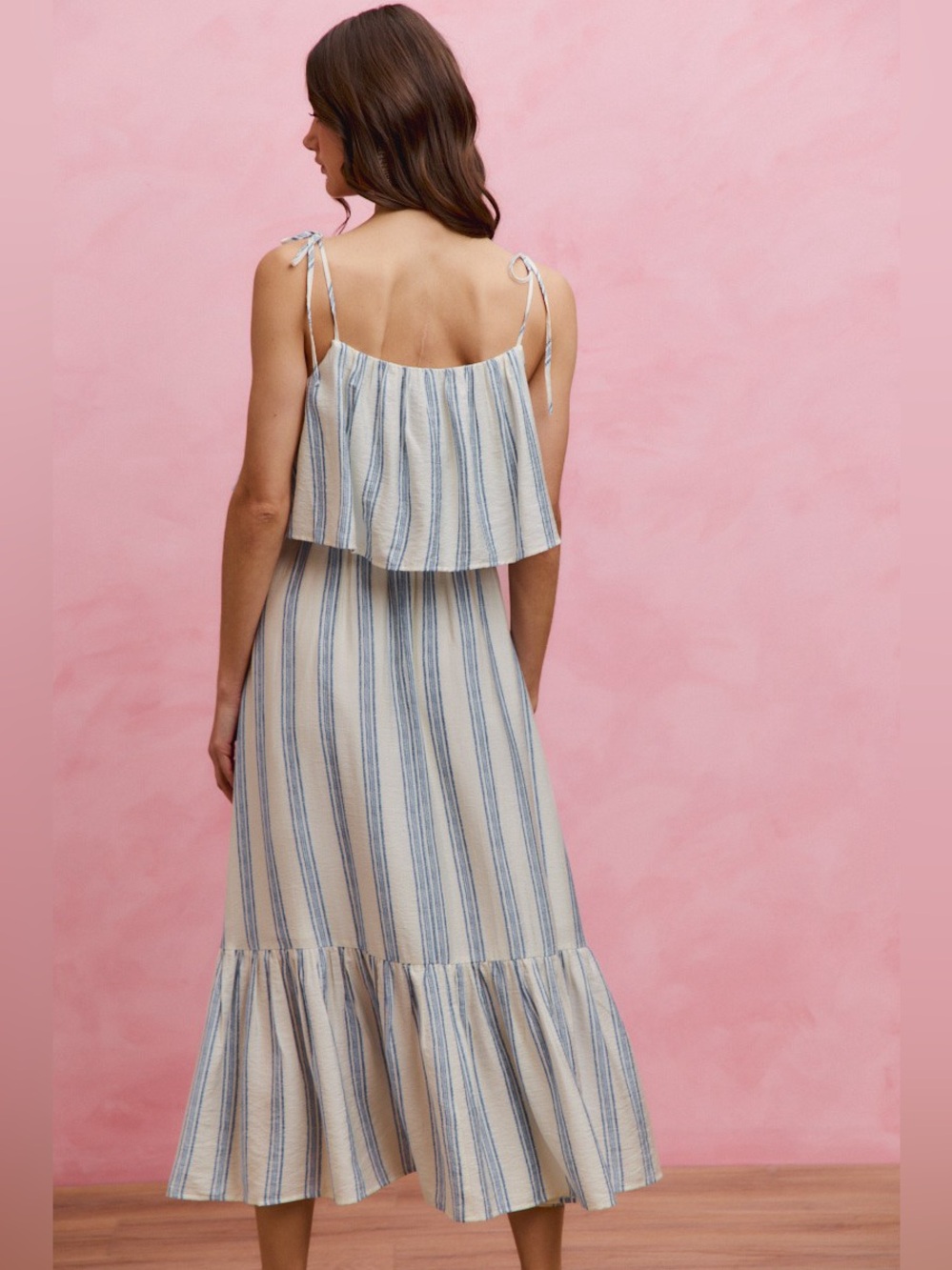 SO ME Stripe Tiered Shoulder Tie Midi Lined Dress - Picture 3 of 15
